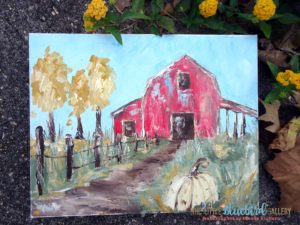 Red Barn Original acrylic painting by Amanda Hilburn Available exclusively at The Little Bluebird Gallery #barn #farmhouse #art